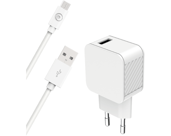 Chargeur maison 2.4A FastCharge  + Câble USB A/micro USB Blanc - 100% Plastique recyclé Bigben